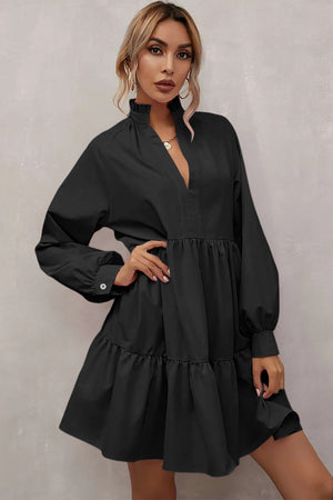 Black Frilled Stand Collar Long Sleeve Ruffle Dress
