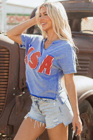 Sky Blue USA Patch Mineral Wash Notch V Neck Vintage Graphic T Shirt