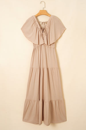 Parchment Textured V Neck Flutter Sleeve Ruffled Maxi Dress
