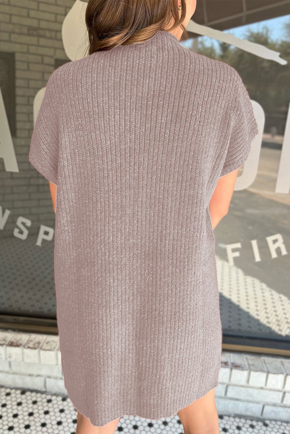 Oatmeal Patch Pocket Ribbed Knit Short Sleeve Sweater