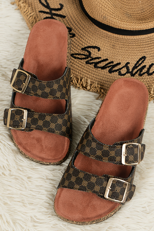 Coffee Geometric Print Cut Out Buckle PU Leather Flat Slippers