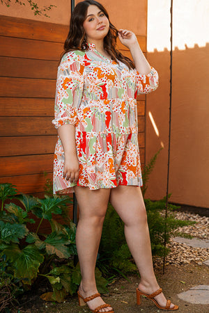 Multicolour Plus Size Mix Floral Puff Sleeve Ruffled Dress