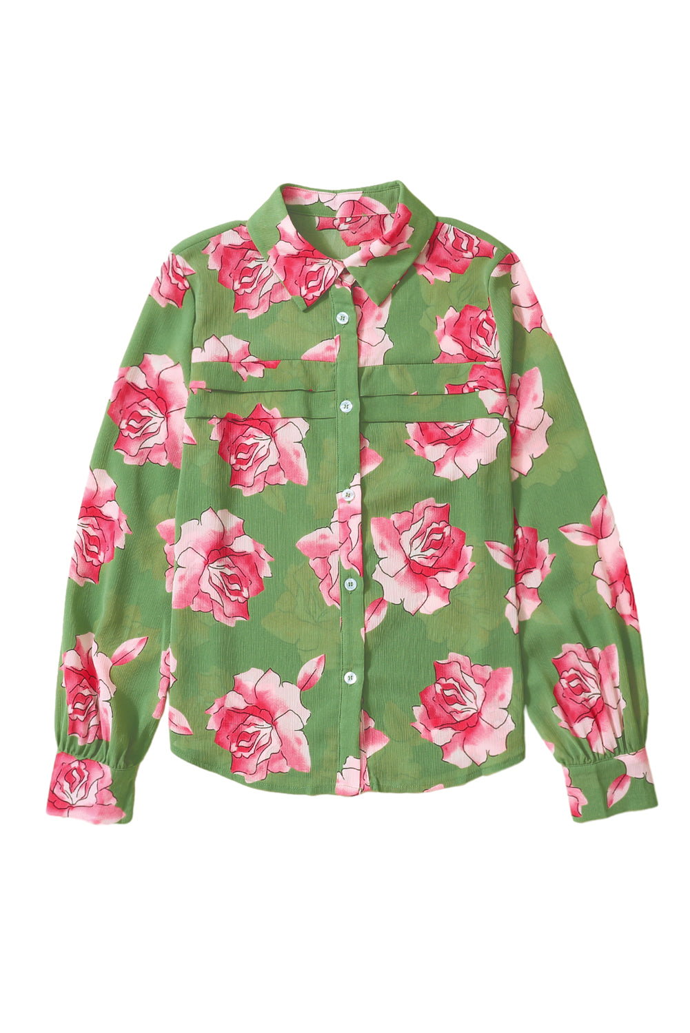 Green Floral Print Pleated Detail Puff Sleeve Shirt
