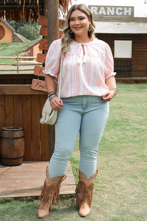 Pink Stripe Plus Size Tassel Tie Frilled Detail Short Sleeve Blouse