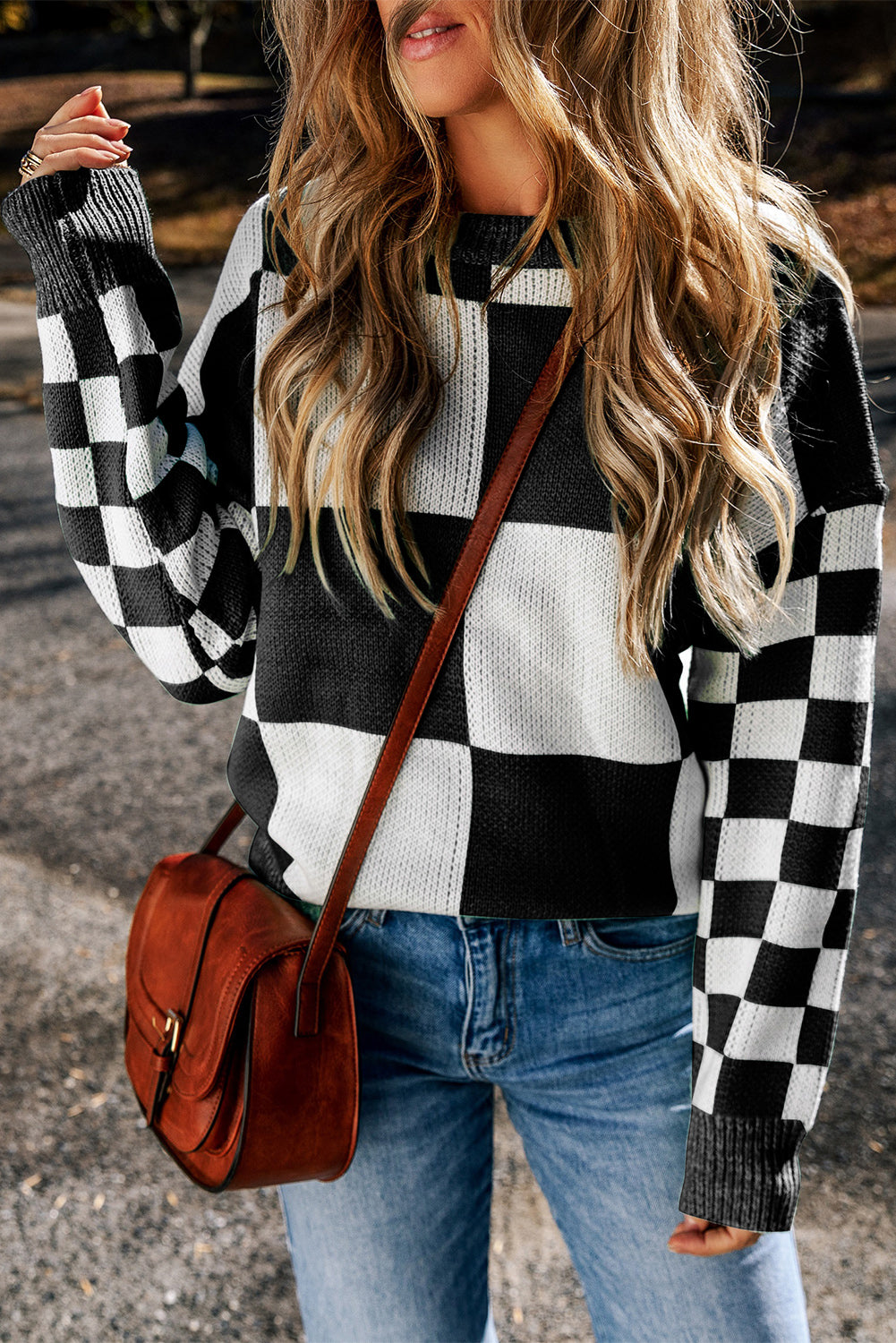 Black Checkered Print Drop Shoulder Sweater
