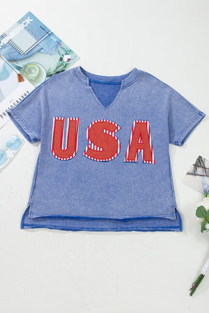 Sky Blue USA Patch Mineral Wash Notch V Neck Vintage Graphic T Shirt