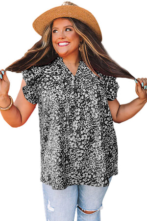 Black Rose Floral Print Ruffle Sleeve Plus Size Shift Top