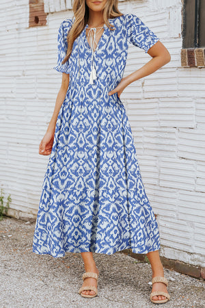 Sky Blue V Neck Casual Geometric Print Maxi Dress