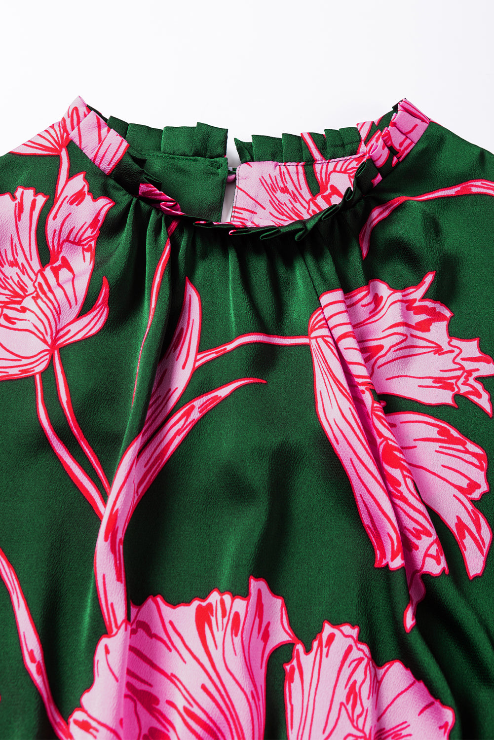 Green Plus Size Shirred Bracelet Sleeve Ruffled Floral Dress