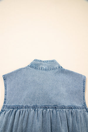 Real Teal Bowknot Neck Sleeveless Ruffled Chambray Dress