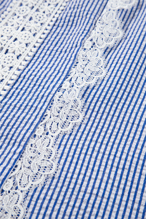 Sky Blue Stripe Lace Patchwork Crew Neck Tank Top