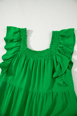 Green Ruffled Flutter Sleeve Square Neck Textured Tiered Maxi Dress