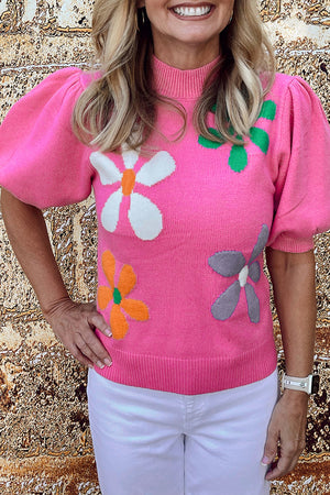 Bright Pink Floral Bubble Short Sleeve Sweater