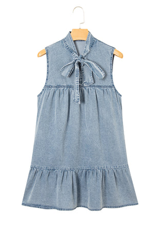 Real Teal Bowknot Neck Sleeveless Ruffled Chambray Dress