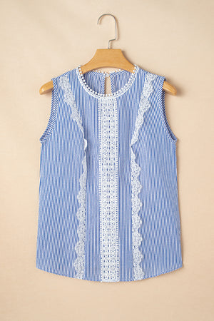 Sky Blue Stripe Lace Patchwork Crew Neck Tank Top