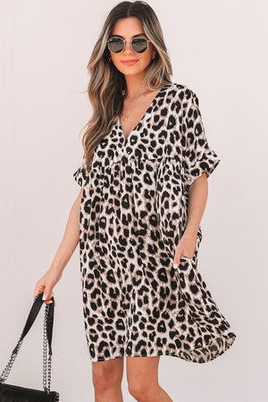 Khaki Cheetah Print Backless V Neck Loose Fit Mini Dress