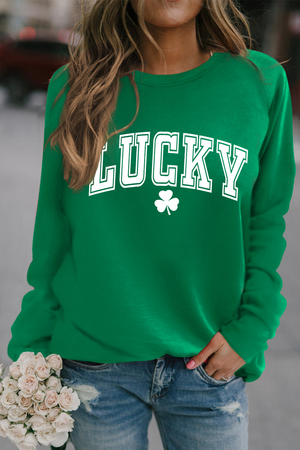 Green St. Patricks LUCKY Clover Print Raglan Sleeve Sweatshirt