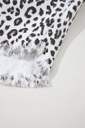 White Leopard Frayed Hem Denim Shorts