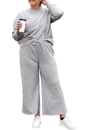 Light Grey Plus Size 2pcs Solid Color Textured Slouchy Loungewear Set