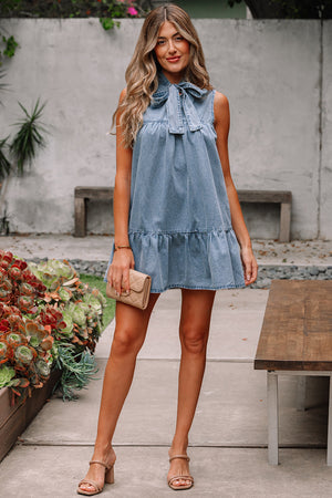 Real Teal Bowknot Neck Sleeveless Ruffled Chambray Dress
