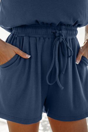 Ashleigh Blue Knit Open Back Cap Sleeve Drawstring Romper