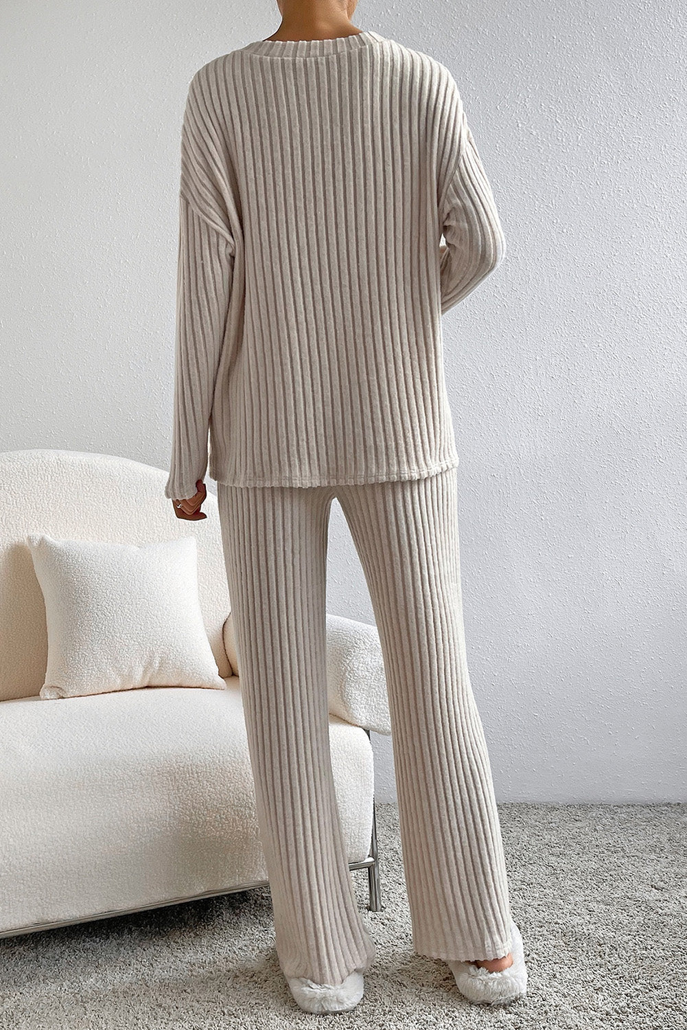 Parchment Plus Size Ribbed V Neck Pullover and Pants Set