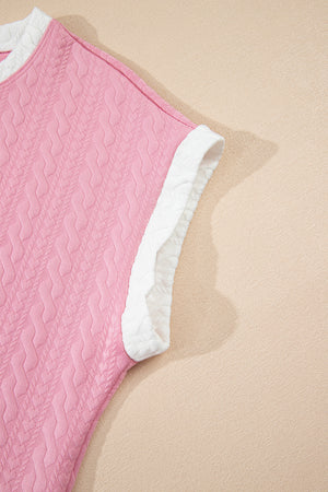 Pink Contrast Trim Textured Crewneck Tee and Pocketed Skirt Set