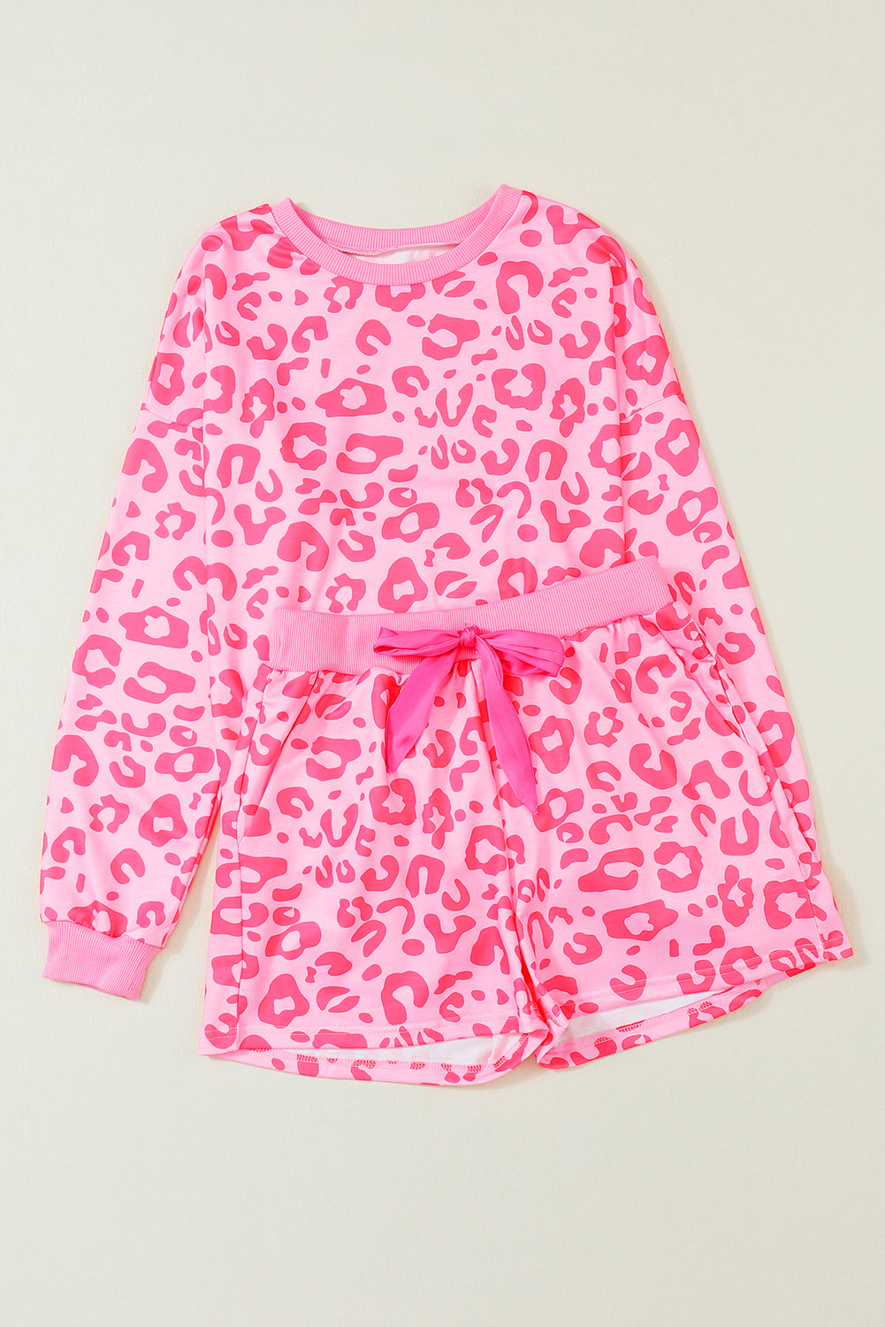 Pink Leopard Long Sleeve Satin Tie Shorts Two Piece Set