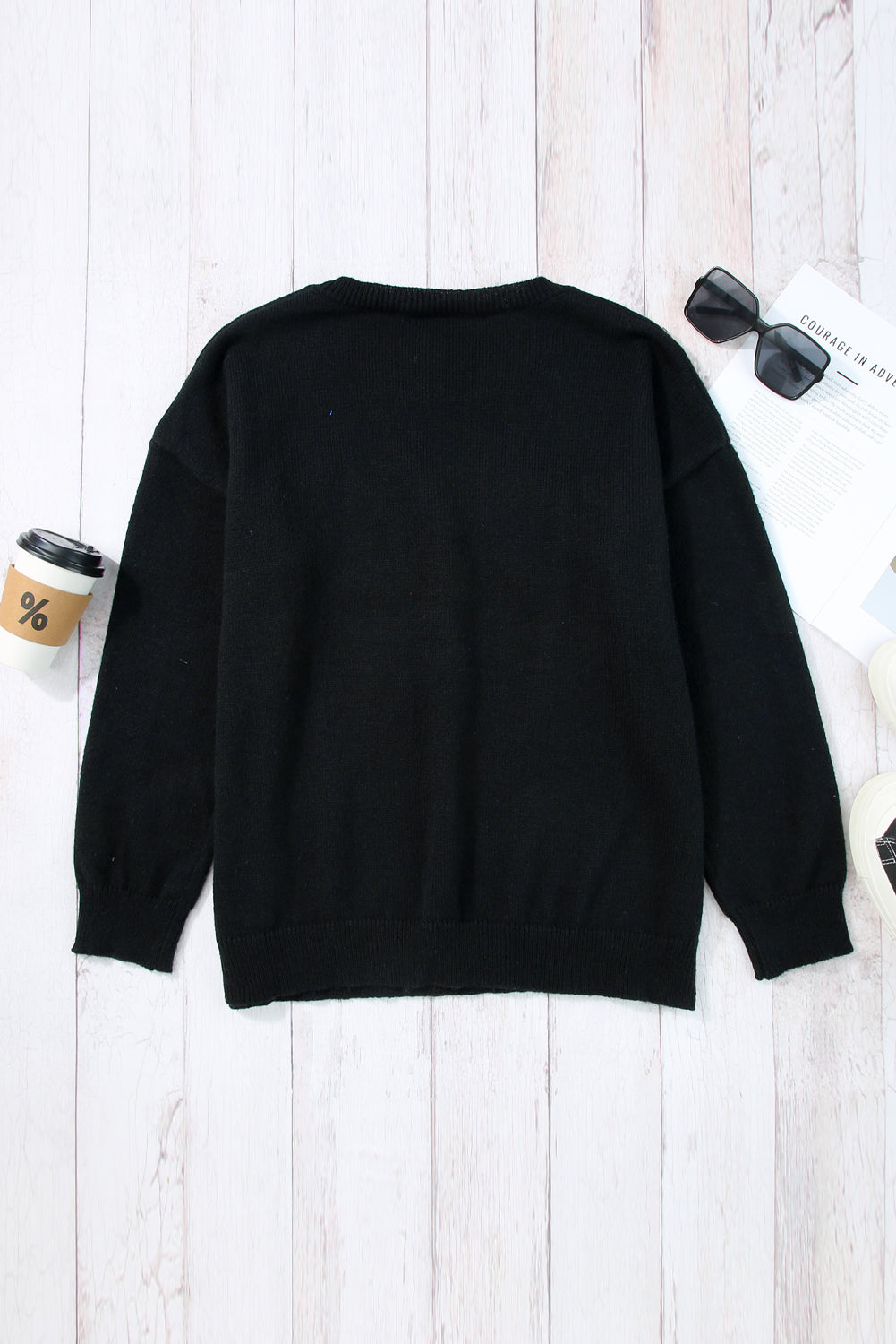 Black XOXO Glitter Print Round Neck Casual Sweater