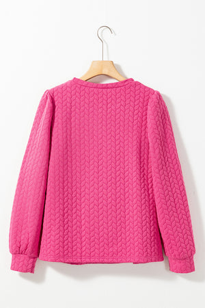 Rose Red Cable Textured Puff Sleeve Sweatshirt