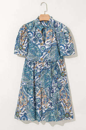 Blue Bohemian Paisley Floral V Neck Short Sleeve Mini Dress