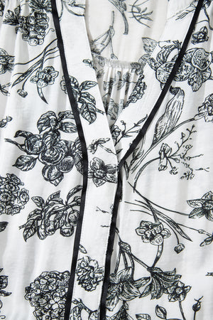 Black Floral Print Piping Trim Notched Neck Ruffle Sleeve Plus Size Long Dress