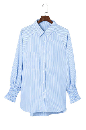 Sky Blue Smocked Cuffed Striped Boyfriend Shirt with Pocket