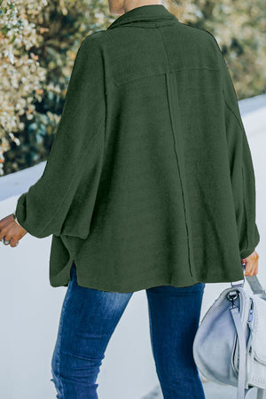 Blackish Green Plus Size Long Sleeve Flap Pocket Henley Top