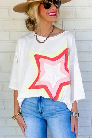 White Colorblock Star Patched Half Sleeve Oversized Tee