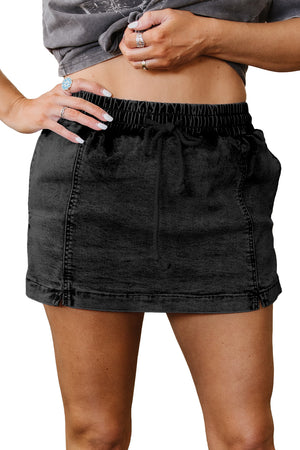 Black Drawstring High Waist Pocketed Denim Shorts