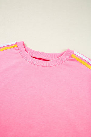 Bonbon Color Contrast Crewneck T Shirt and Wide Leg High Waist Pants Set