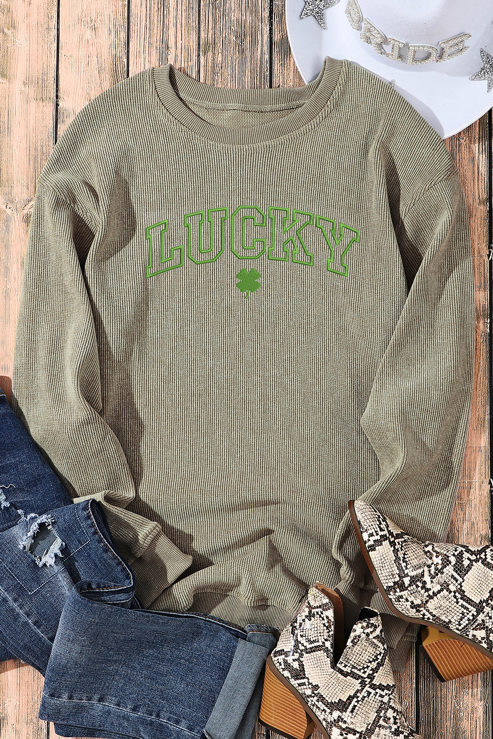 Green LUCKY Clover Embroidered Corded Crewneck Sweatshirt