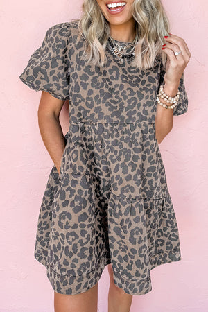 Brown Denim Leopard Printed Short Puff Sleeve Mini Dress