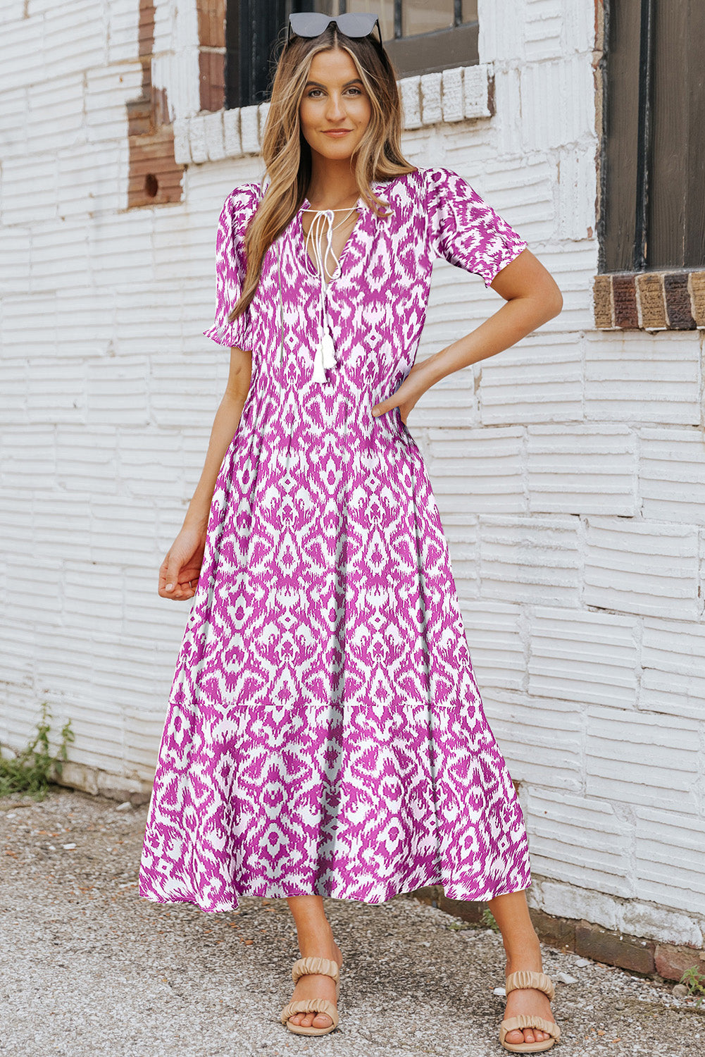 Pink V Neck Casual Geometric Print Maxi Dress