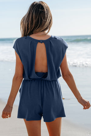 Ashleigh Blue Knit Open Back Cap Sleeve Drawstring Romper