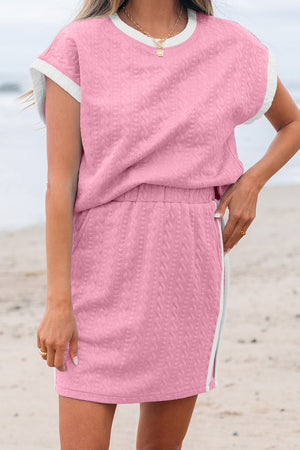 Pink Contrast Trim Textured Crewneck Tee and Pocketed Skirt Set